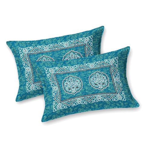 SheetKart Cotton Floral Motif Traditional Printed Bedsheet for Double Bed King Size with 2 Pillow Covers - Aqua Green