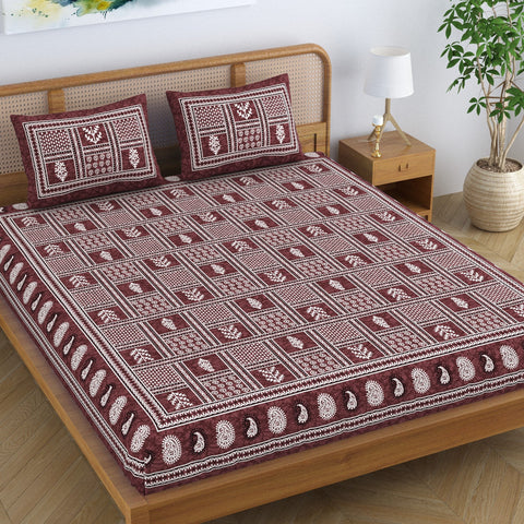 SheetKart Cotton Floral Batik Motif Traditional Printed Bedsheet for Double Bed King Size with 2 Pillow Covers - Rich Chocolate