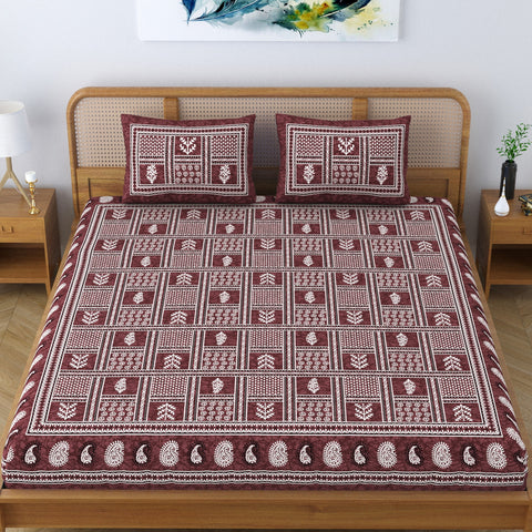 SheetKart Cotton Floral Batik Motif Traditional Printed Bedsheet for Double Bed King Size with 2 Pillow Covers - Rich Chocolate