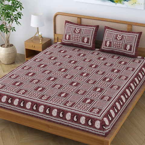 SheetKart Cotton Floral Batik Motif Traditional Printed Bedsheet for Double Bed King Size with 2 Pillow Covers - Rich Chocolate