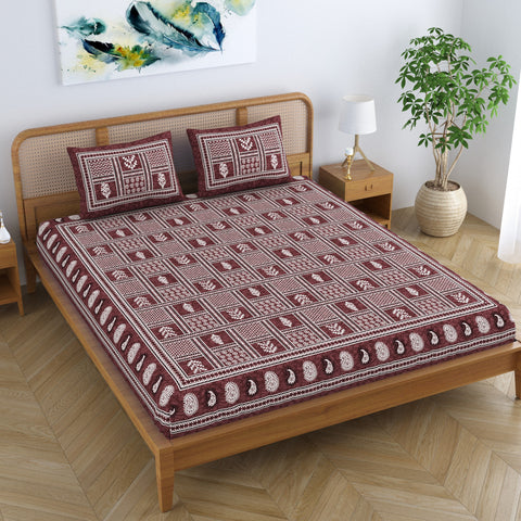 SheetKart Cotton Floral Batik Motif Traditional Printed Bedsheet for Double Bed King Size with 2 Pillow Covers - Rich Chocolate