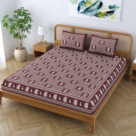SheetKart Cotton Floral Batik Motif Traditional Printed Bedsheet for Double Bed King Size with 2 Pillow Covers - Rich Chocolate