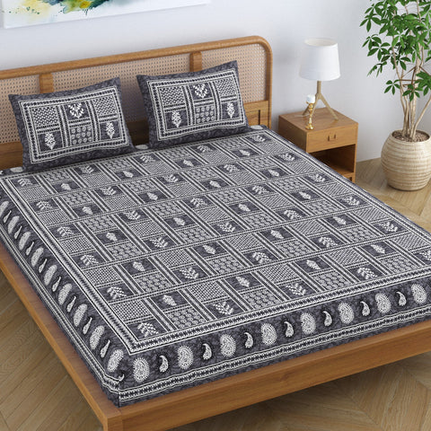 SheetKart Cotton Floral Batik Motif Traditional Printed Bedsheet for Double Bed King Size with 2 Pillow Covers - Midnight Blue