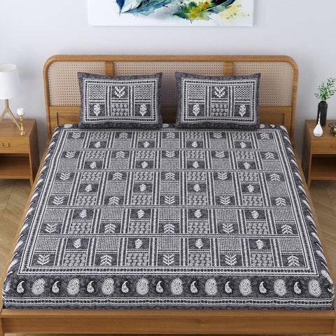 SheetKart Cotton Floral Batik Motif Traditional Printed Bedsheet for Double Bed King Size with 2 Pillow Covers - Midnight Blue