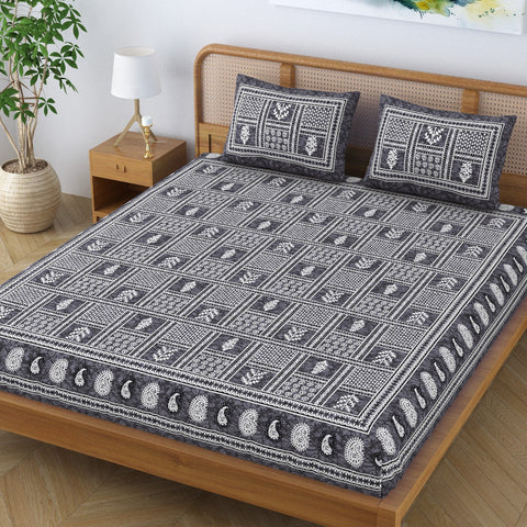 SheetKart Cotton Floral Batik Motif Traditional Printed Bedsheet for Double Bed King Size with 2 Pillow Covers - Midnight Blue