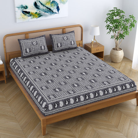 SheetKart Cotton Floral Batik Motif Traditional Printed Bedsheet for Double Bed King Size with 2 Pillow Covers - Midnight Blue