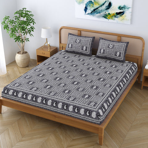 SheetKart Cotton Floral Batik Motif Traditional Printed Bedsheet for Double Bed King Size with 2 Pillow Covers - Midnight Blue