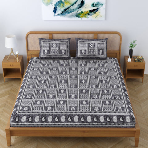 SheetKart Cotton Floral Batik Motif Traditional Printed Bedsheet for Double Bed King Size with 2 Pillow Covers - Midnight Blue