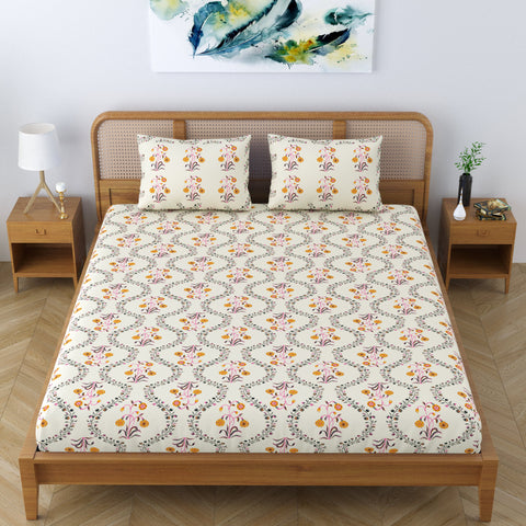 SheetKart Pure Cotton Floral Printed Jaipuri Bedsheet for Double Bed King Size with 2 Pillow Covers - Yellow Lily