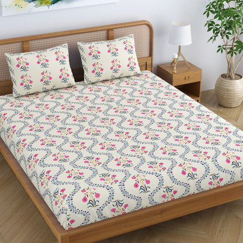 SheetKart Pure Cotton Floral Printed Jaipuri Bedsheet for Double Bed King Size with 2 Pillow Covers - Pink Lily