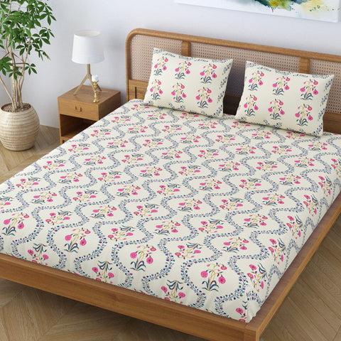 SheetKart Pure Cotton Floral Printed Jaipuri Bedsheet for Double Bed King Size with 2 Pillow Covers - Pink Lily