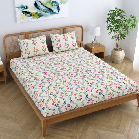 SheetKart Pure Cotton Floral Printed Jaipuri Bedsheet for Double Bed King Size with 2 Pillow Covers - Pink Lily