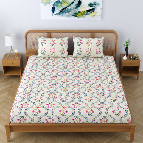 SheetKart Pure Cotton Floral Printed Jaipuri Bedsheet for Double Bed King Size with 2 Pillow Covers - Pink Lily