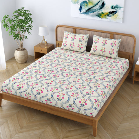 SheetKart Pure Cotton Floral Printed Jaipuri Bedsheet for Double Bed King Size with 2 Pillow Covers - Pink Lily