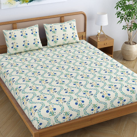 SheetKart Pure Cotton Floral Printed Jaipuri Bedsheet for Double Bed King Size with 2 Pillow Covers - Blue Lily