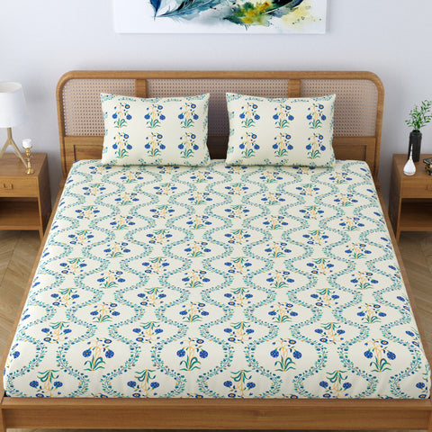 SheetKart Pure Cotton Floral Printed Jaipuri Bedsheet for Double Bed King Size with 2 Pillow Covers - Blue Lily