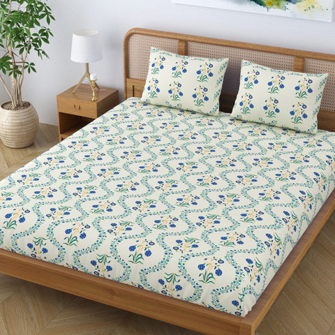 SheetKart Pure Cotton Floral Printed Jaipuri Bedsheet for Double Bed King Size with 2 Pillow Covers - Blue Lily
