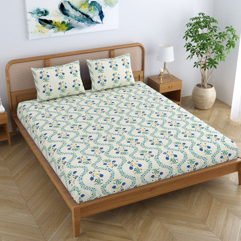 SheetKart Pure Cotton Floral Printed Jaipuri Bedsheet for Double Bed King Size with 2 Pillow Covers - Blue Lily