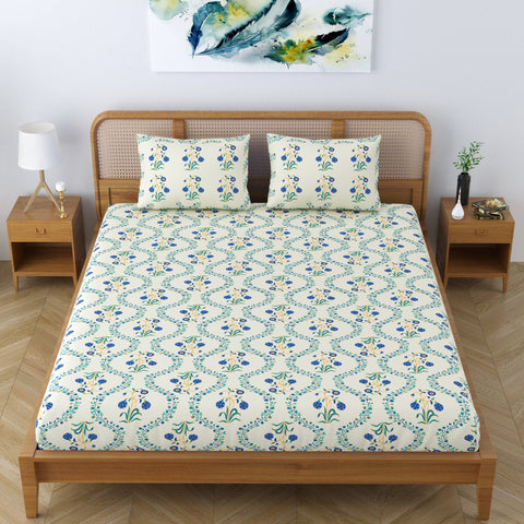 SheetKart Pure Cotton Floral Printed Jaipuri Bedsheet for Double Bed King Size with 2 Pillow Covers - Blue Lily