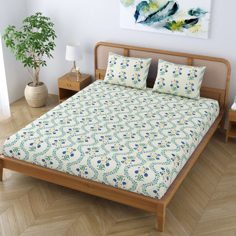 SheetKart Pure Cotton Floral Printed Jaipuri Bedsheet for Double Bed King Size with 2 Pillow Covers - Blue Lily