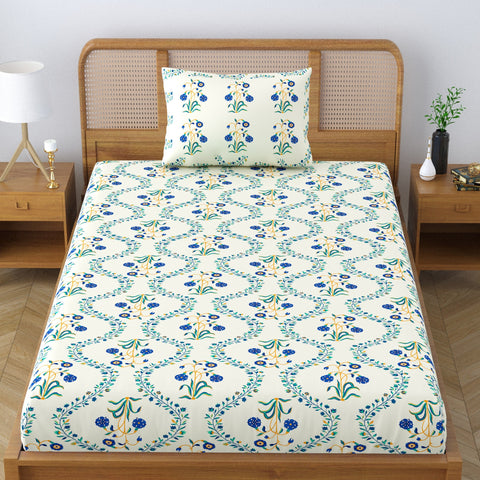 SheetKart Pure Cotton Floral Printed Jaipuri Bedsheet for Single Bed with 1 Pillow Cover - Blue Lily