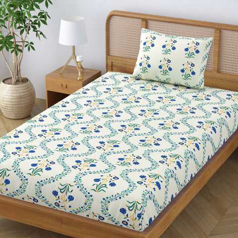 SheetKart Pure Cotton Floral Printed Jaipuri Bedsheet for Single Bed with 1 Pillow Cover - Blue Lily