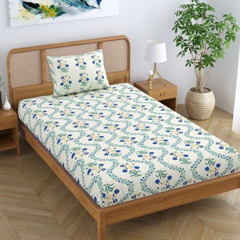 SheetKart Pure Cotton Floral Printed Jaipuri Bedsheet for Single Bed with 1 Pillow Cover - Blue Lily