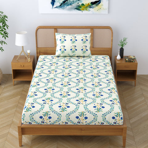 SheetKart Pure Cotton Floral Printed Jaipuri Bedsheet for Single Bed with 1 Pillow Cover - Blue Lily