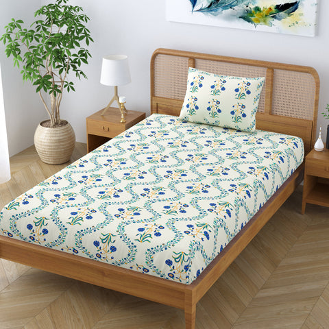 SheetKart Pure Cotton Floral Printed Jaipuri Bedsheet for Single Bed with 1 Pillow Cover - Blue Lily