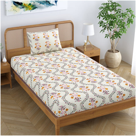SheetKart Pure Cotton Floral Printed Jaipuri Bedsheet for Single Bed with 1 Pillow Cover - Yellow Lily