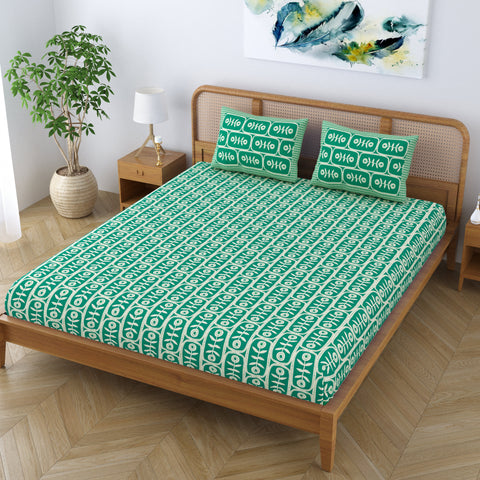 SheetKart Pure Cotton Floral Motif Printed Elegant Jaipuri Bedsheet for Double Bed King Size with 2 Pillow Covers - Jade Green