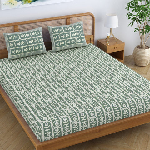 SheetKart Pure Cotton Floral Motif Printed Elegant Jaipuri Bedsheet for Double Bed King Size with 2 Pillow Covers - Slate Grey
