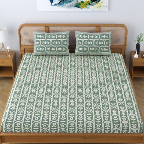 SheetKart Pure Cotton Floral Motif Printed Elegant Jaipuri Bedsheet for Double Bed King Size with 2 Pillow Covers - Slate Grey