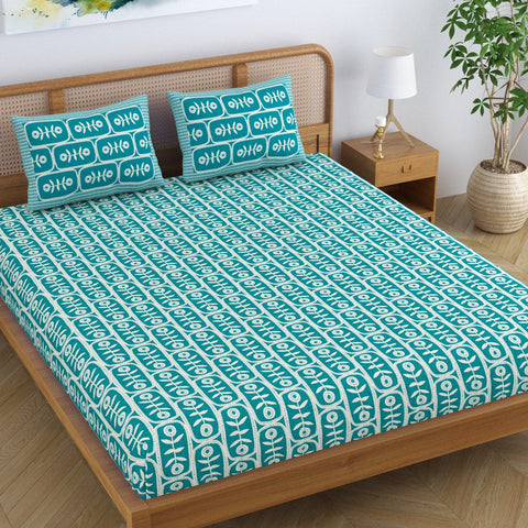 SheetKart Pure Cotton Floral Motif Printed Elegant Jaipuri Bedsheet for Double Bed King Size with 2 Pillow Covers - Turquoise Blue