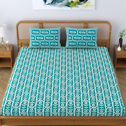 SheetKart Pure Cotton Floral Motif Printed Elegant Jaipuri Bedsheet for Double Bed King Size with 2 Pillow Covers - Turquoise Blue