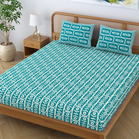 SheetKart Pure Cotton Floral Motif Printed Elegant Jaipuri Bedsheet for Double Bed King Size with 2 Pillow Covers - Turquoise Blue