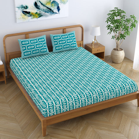 SheetKart Pure Cotton Floral Motif Printed Elegant Jaipuri Bedsheet for Double Bed King Size with 2 Pillow Covers - Turquoise Blue
