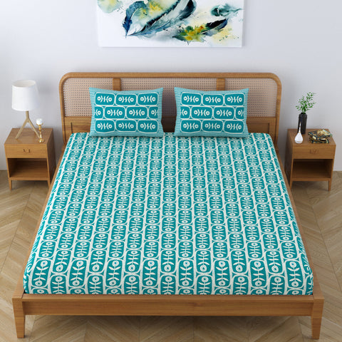 SheetKart Pure Cotton Floral Motif Printed Elegant Jaipuri Bedsheet for Double Bed King Size with 2 Pillow Covers - Turquoise Blue