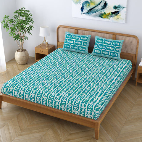 SheetKart Pure Cotton Floral Motif Printed Elegant Jaipuri Bedsheet for Double Bed King Size with 2 Pillow Covers - Turquoise Blue