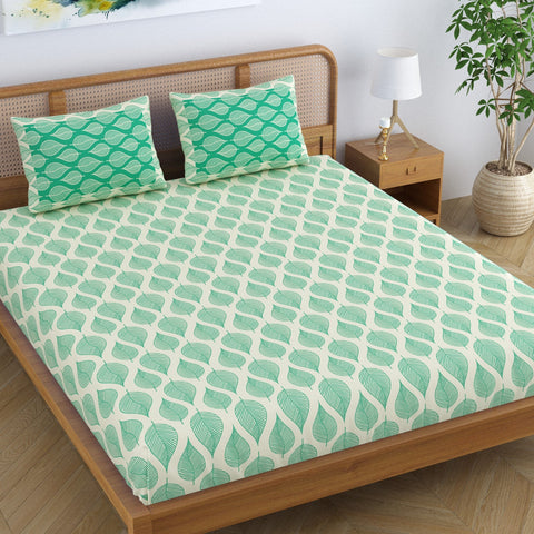 SheetKart Pure Cotton Aspen Leaves Printed Elegant Jaipuri Bedsheet for Double Bed King Size with 2 Pillow Covers - Forest Green