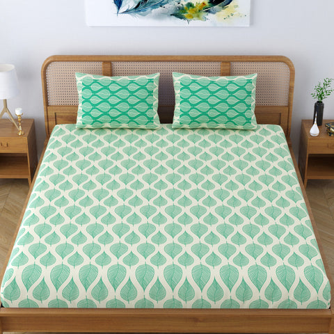 SheetKart Pure Cotton Aspen Leaves Printed Elegant Jaipuri Bedsheet for Double Bed King Size with 2 Pillow Covers - Forest Green