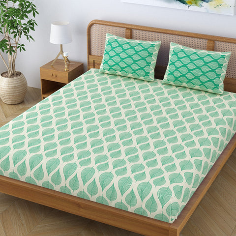 SheetKart Pure Cotton Aspen Leaves Printed Elegant Jaipuri Bedsheet for Double Bed King Size with 2 Pillow Covers - Forest Green