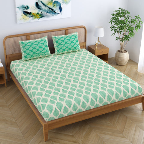 SheetKart Pure Cotton Aspen Leaves Printed Elegant Jaipuri Bedsheet for Double Bed King Size with 2 Pillow Covers - Forest Green