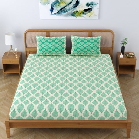 SheetKart Pure Cotton Aspen Leaves Printed Elegant Jaipuri Bedsheet for Double Bed King Size with 2 Pillow Covers - Forest Green