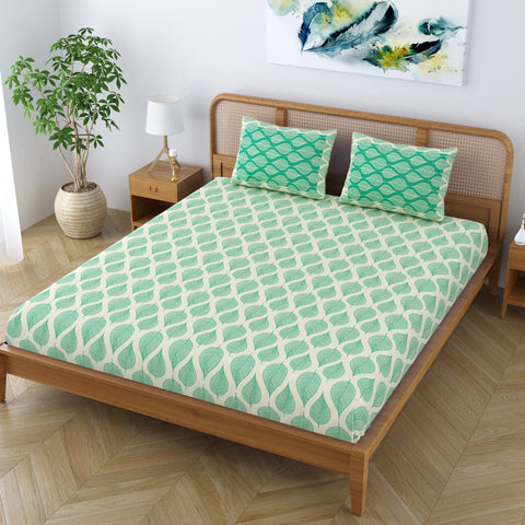SheetKart Pure Cotton Aspen Leaves Printed Elegant Jaipuri Bedsheet for Double Bed King Size with 2 Pillow Covers - Forest Green