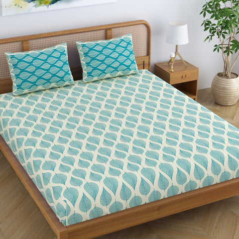 SheetKart Pure Cotton Aspen Leaves Printed Elegant Jaipuri Bedsheet for Double Bed King Size with 2 Pillow Covers - Turquiose Blue