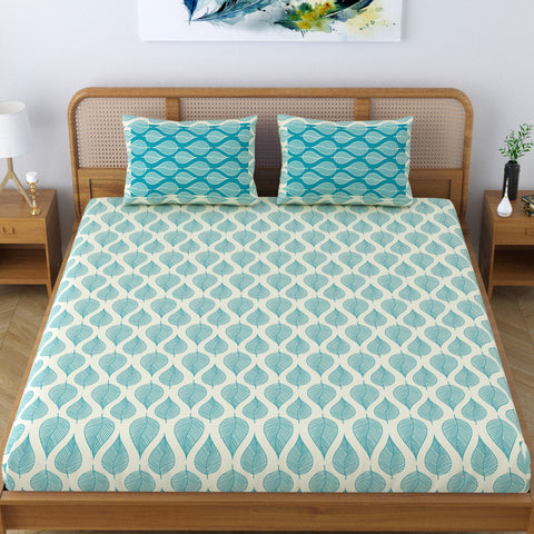 SheetKart Pure Cotton Aspen Leaves Printed Elegant Jaipuri Bedsheet for Double Bed King Size with 2 Pillow Covers - Turquiose Blue