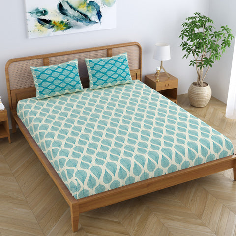 SheetKart Pure Cotton Aspen Leaves Printed Elegant Jaipuri Bedsheet for Double Bed King Size with 2 Pillow Covers - Turquiose Blue
