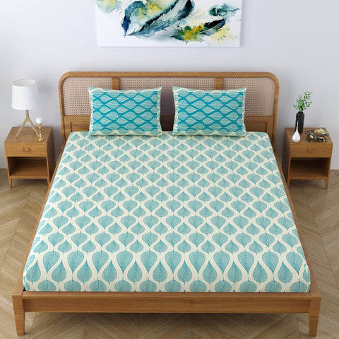 SheetKart Pure Cotton Aspen Leaves Printed Elegant Jaipuri Bedsheet for Double Bed King Size with 2 Pillow Covers - Turquiose Blue