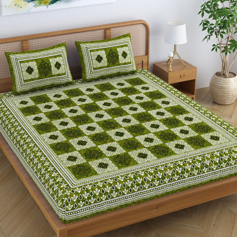 SheetKart Pure Cotton Block Printed Double Bedsheet with 2 Pillow Covers, Traditional Floral Design, Olive Green